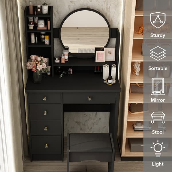 small black dressing table Akaber Vanity Set with Mirror Lights, 26.4" Compact Black Vanity, Charging  Station, 3 Lighting Modes