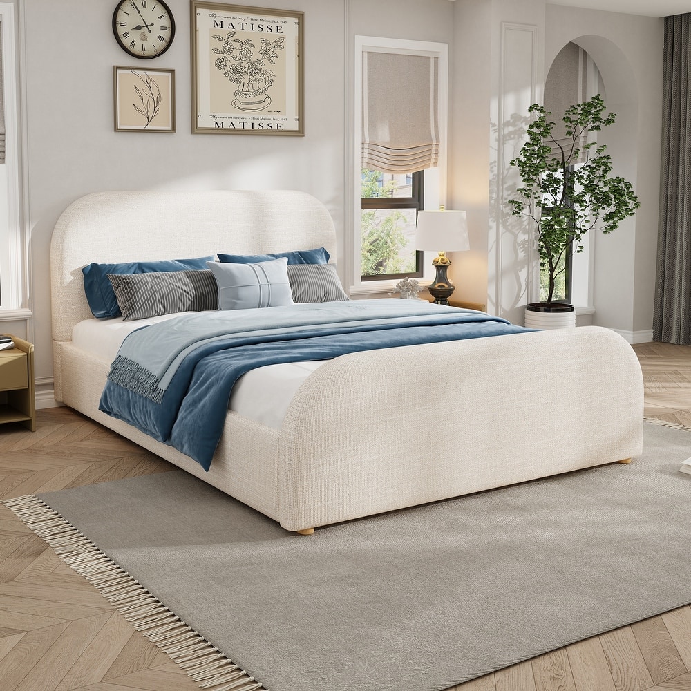 Beige Linen Upholstered Bed Curved Headboard Wingback Frame Low Profile Platform Bed