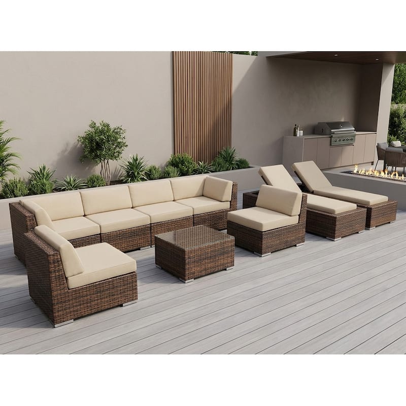 Ohana Outdoor Patio 9-piece Mixed Brown Cushioned Wicker Sofa Set - No Assembly - Sunbrella Antique Beige