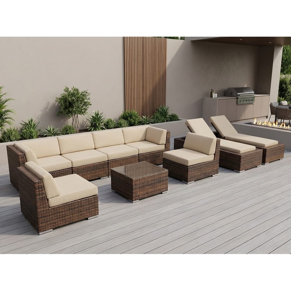 Ohana Outdoor Patio 9-piece Mixed Brown Cushioned Wicker Sofa Set - No Assembly