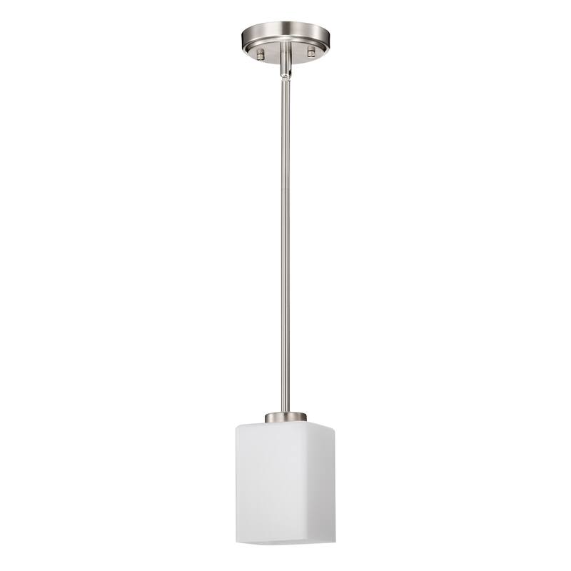 Brushed Nickel 1-Light Modern Mini Pendant with Pyramid Shaped Etched White Glass Shade