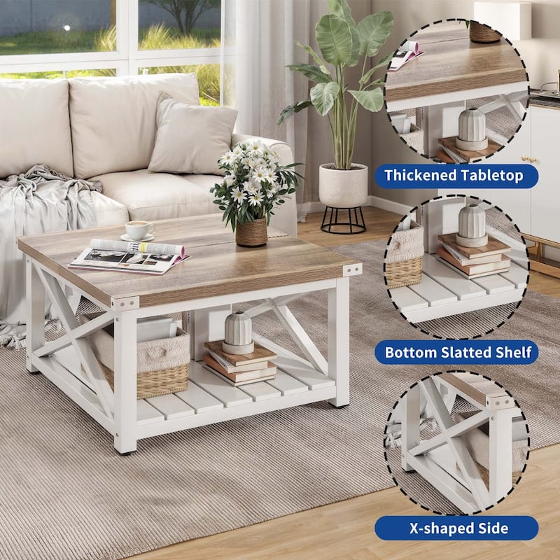 Moasis 31" Square Farmhouse Coffee Table with Shelf, 2-Tier Center Table with Storage