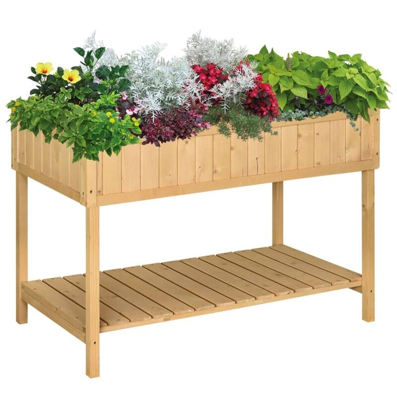 Natural Fir Wood 8-Compartment Raised Garden Bed with Storage Shelf - 43.25" L x 18" W x 30" H - Natural