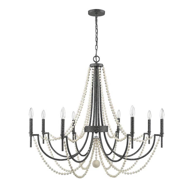 8-Light Chandelier in Matte Black With White Wooden Beads