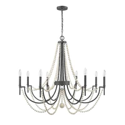 8-Light Chandelier in Matte Black With White Wooden Beads