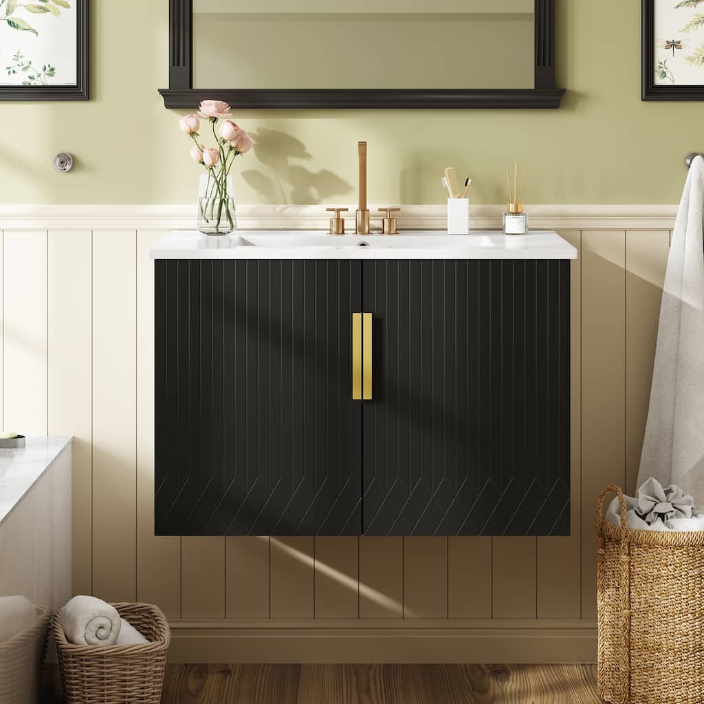 30" Wall-Mounted Style Bathroom Vanity with 3 Holes Single Ceramic Sink,2 Soft Closing Doors, Spacious and Adjustable Storage