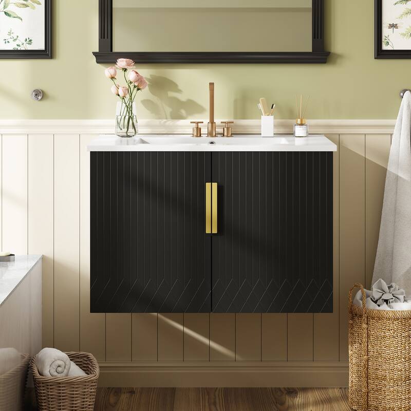 Wall Mounted Bathroom Vanity Floating Storage Cabinet with Ceramic Sink, Geometric Lines Dual Doors and Adjustable Shelf - Black