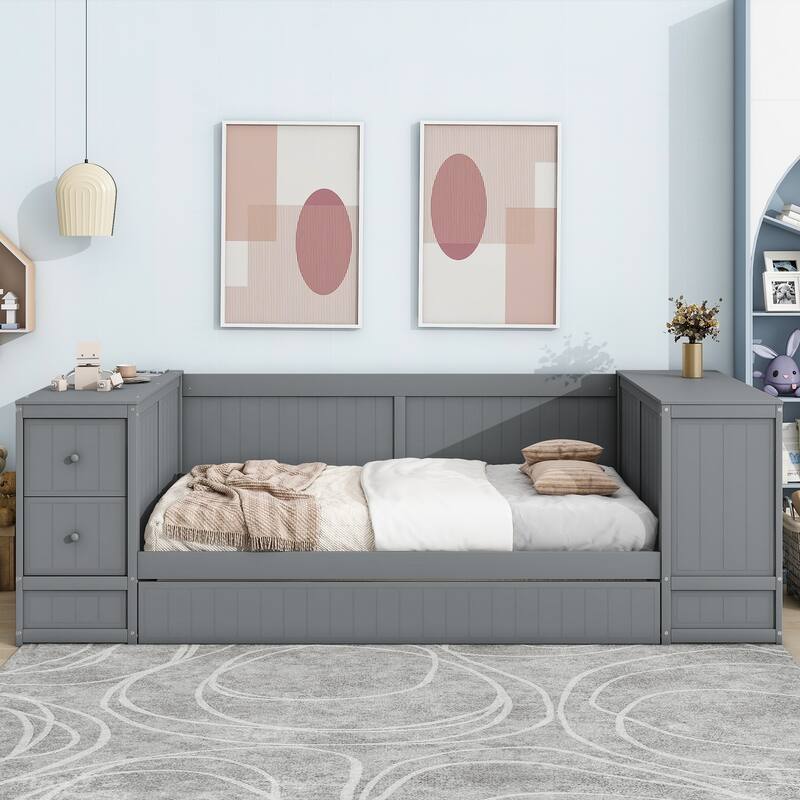 Twin Size Daybed with Storage, Trundle, and Charging Station in Gray