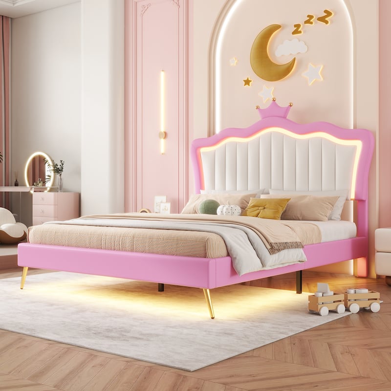Upholstered Bed Frame with LED Lights and Crown Headboard - Full