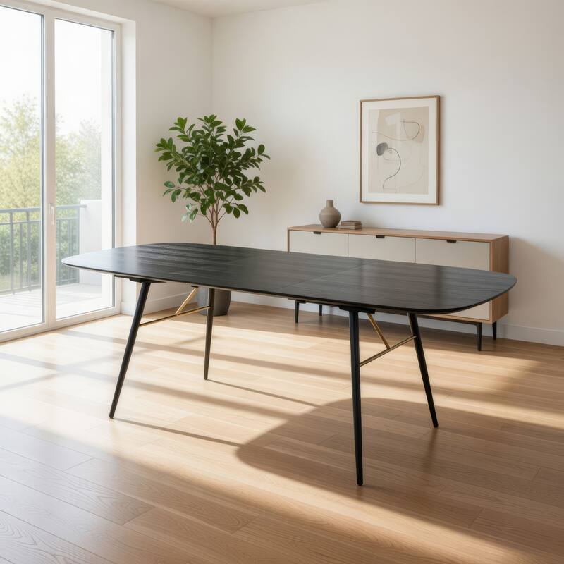 Belo Dining Table, Extendable 71-91 Inch Curved Top, Black Oak, Gold