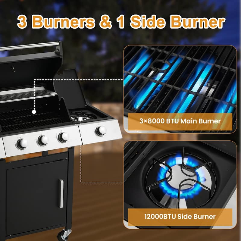 Outdoor Propane Gas Grill with Side Burner, Cast Iron Grates, Storage Cabinet, Easy Clean for Backyard & Patio