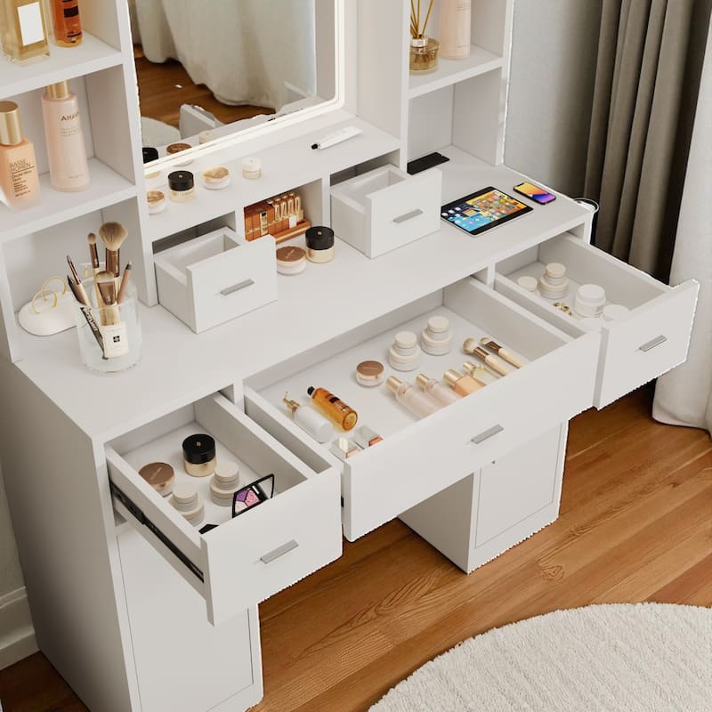 43" Vanity Desk with LED Mirror & Lights, Hair Dryer Rack, 5 Drawers, 2 Cabinets & Stool, Makeup Dressing Table for Bedroom