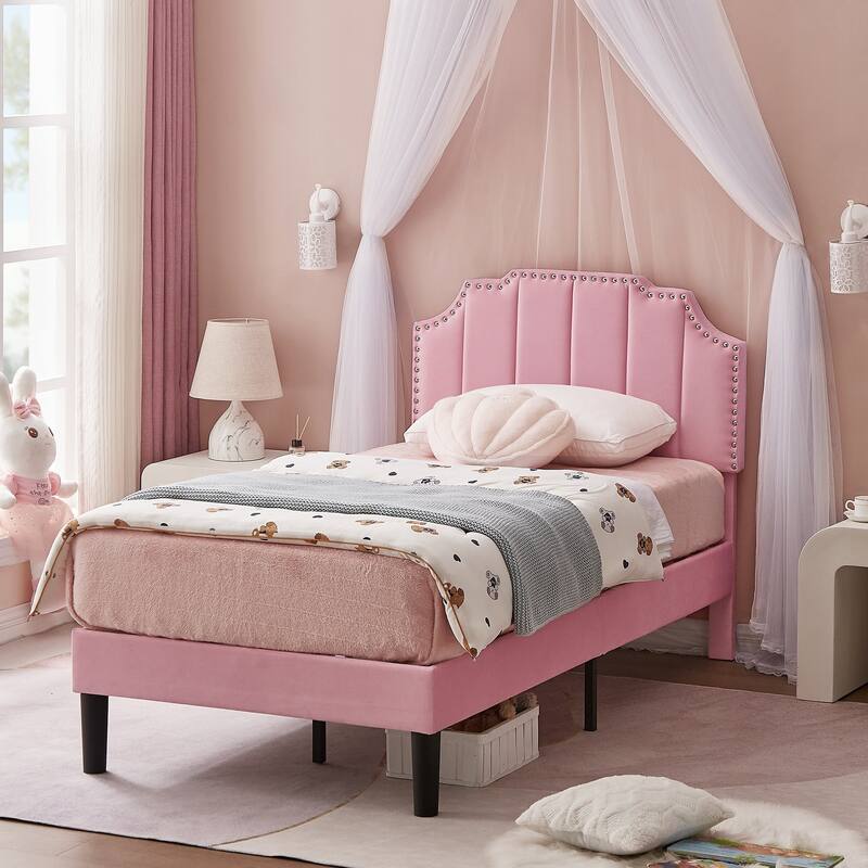 Javlergo Upholstered Platform Bed Frame with Nailhead Trimmed Adjustable Height Headboard, No Box Spring Needed
