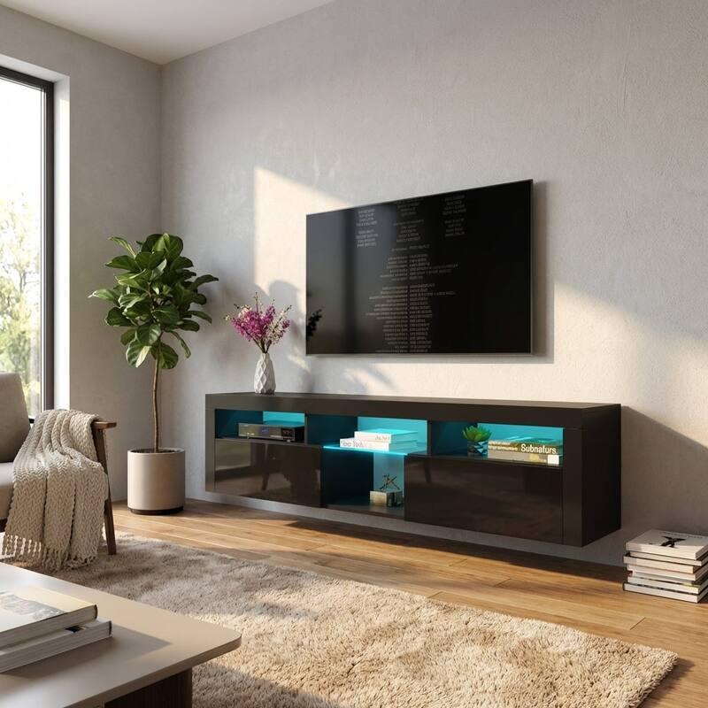 Meble Furniture Bari 200 Wall Mounted Floating 79" TV Stand - Modern Entertainment Center for up to 90" TVs with 16-Color