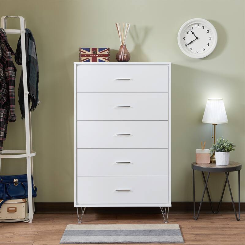 Finney 5-Drawer Chest with Metal Leg - White