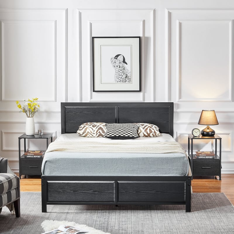 Bedroom Set of 3 Wood Headboard Platform Bed Frame Set of 2 Nightstands with Charging Station USB Port