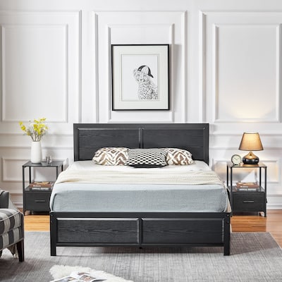 Bedroom Set of 3 Wood Headboard Platform Bed Frame Set of 2 Nightstands with Charging Station USB Port
