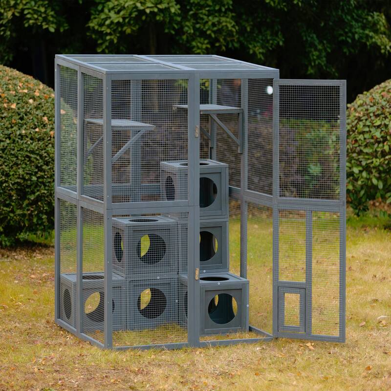 Outdoor Cat House Cat Shelves Grey Pine Wood Playground Cat Weather Protection With Removable Wood Boxes