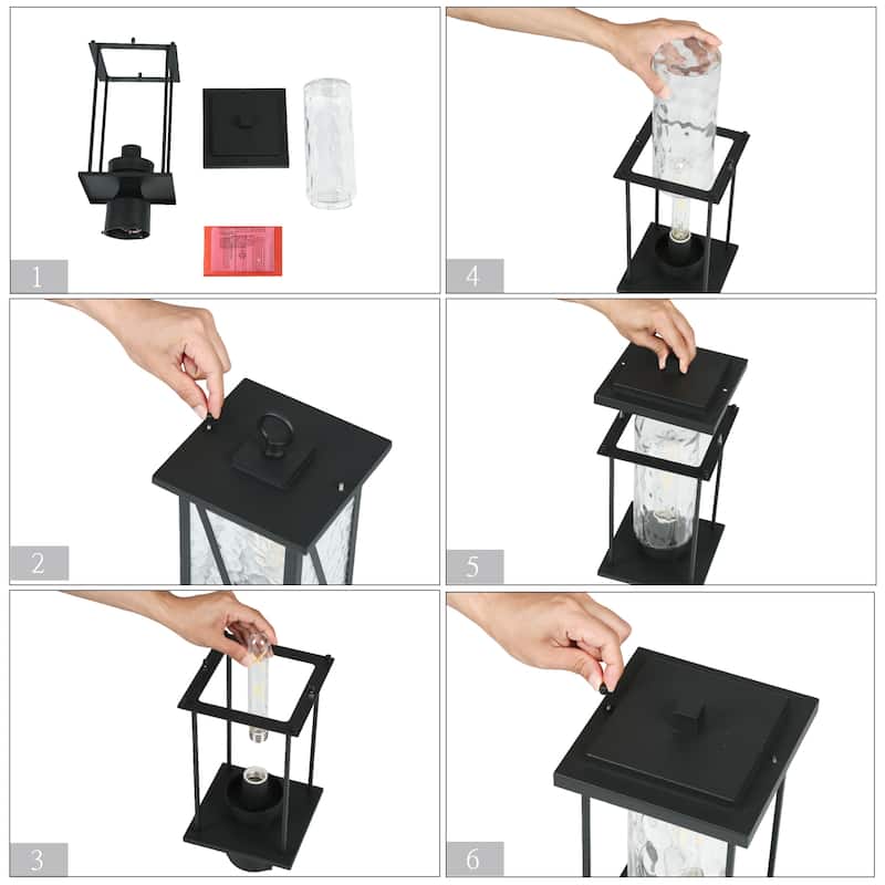 Modern 1-Light Black Outdoor Post Light Head Lantern with Water Ripple Glass Shade - L 6.7" x W 6.7" x H 15.7"