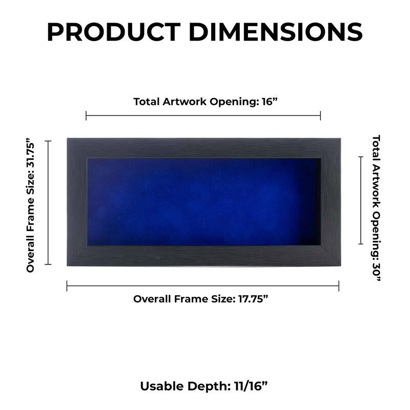 16x30 Shadow Box Frame Charcoal Gray Wood | With a 3/4" Usable Display Depth | Includes a Royal Blue Real Suede Texture