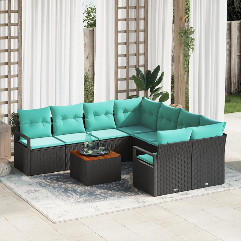 vidaXL 9 Garden Sofa Set with Cushions Black/Grey Poly Rattan - 91.3 x 92.1 x 27.2 - Black