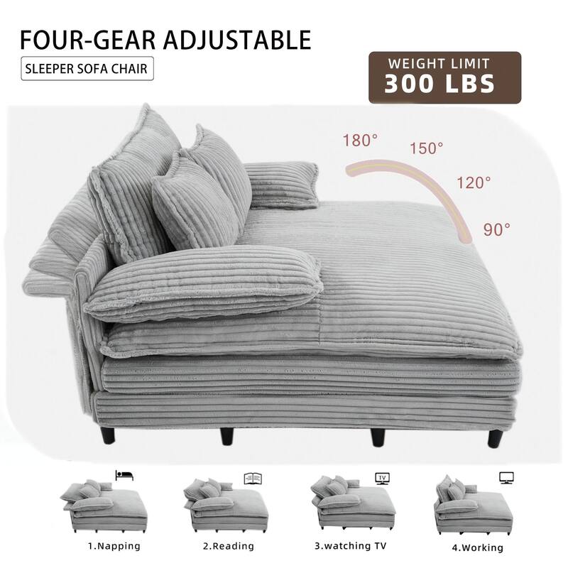 Oversized Corduroy Chaise Lounge Chair, Adjustable 4-Gear Reclining Sleeper Sofa Bed, Living Room Deep Seat Leisure Sofa Chair