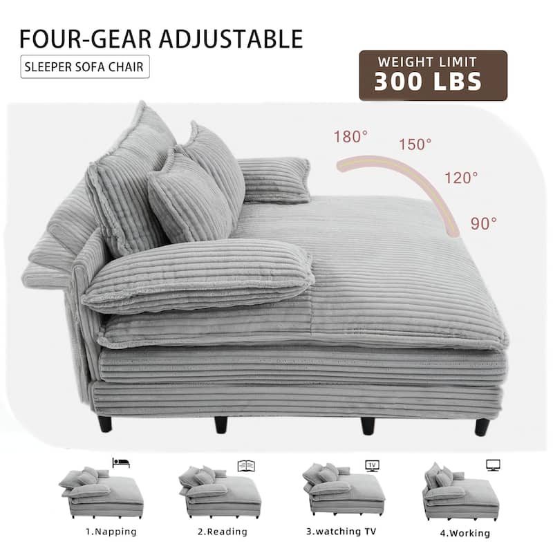Reclining Sleeper Sofa Bed Single Chaise Lounge Corduroy Upholstered Lounge Couch Chair with Adjustable Backrest and Pillows
