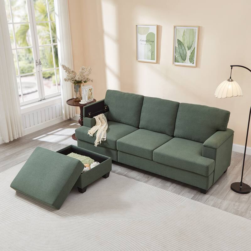 L Shaped 3 Seats Sofa with Armrest Organizer, Linen Sectional Sofa with Movable Ottoman, Comfy Upholstered 3 Seater Couch,