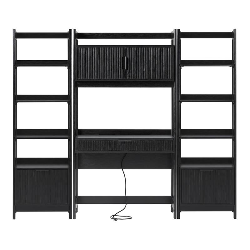 Walker Edison Hutch Desk with 2 Narrow Bookcases