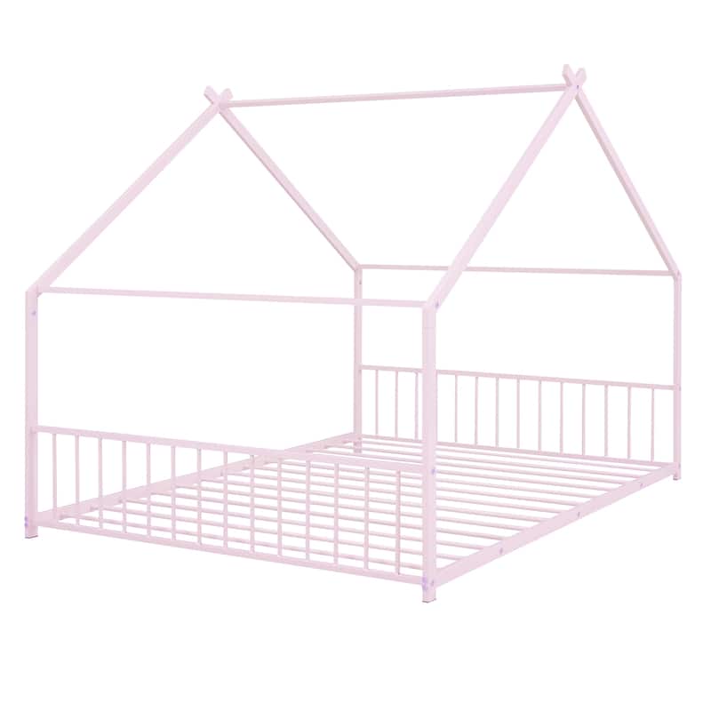 Full Size Metal House Bed with Roof Design, Ideal for Kids' Play and Sleep