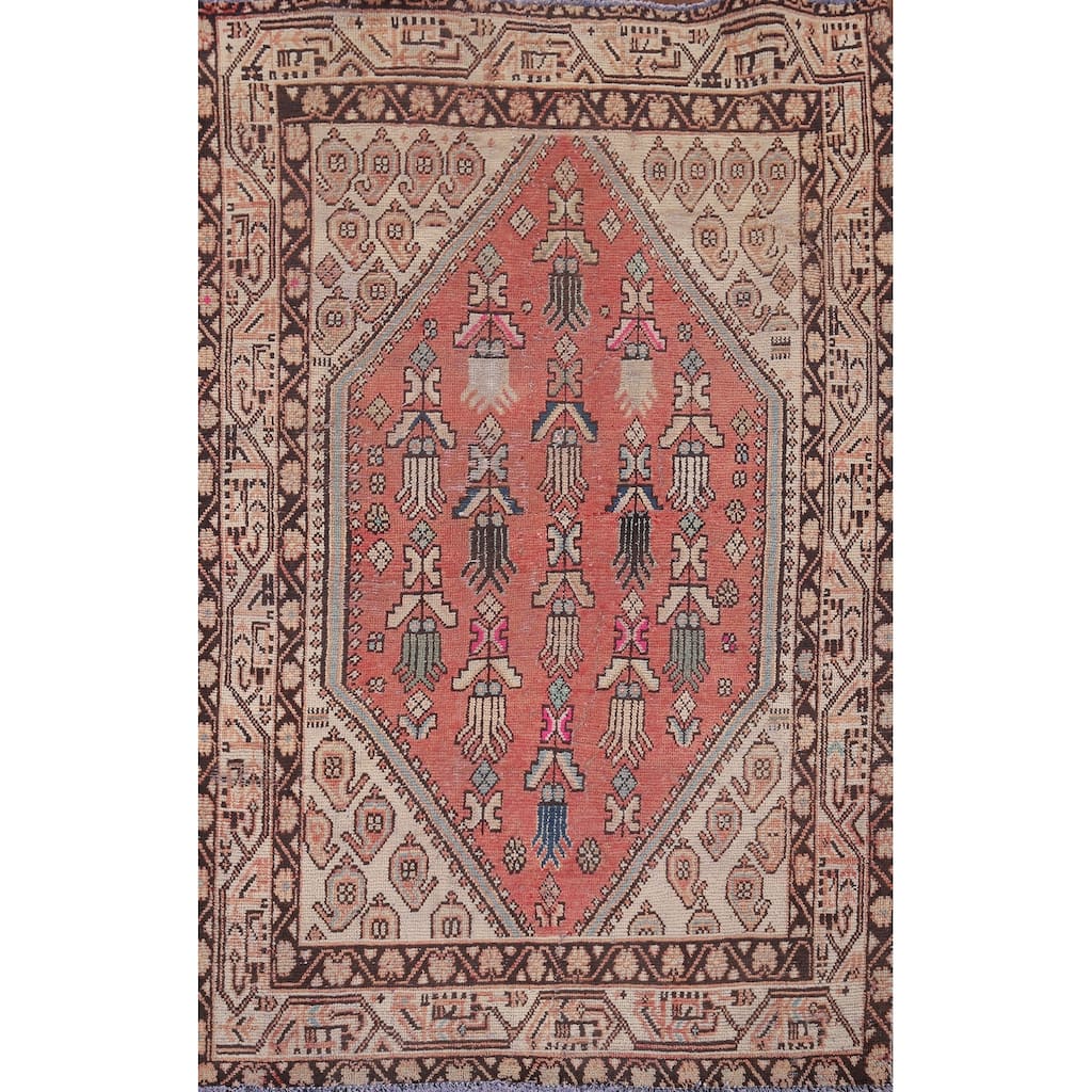 Pink Geometric Mahal Persian Vintage Rug Hand-Knotted Wool Carpet - 3'11" x 6'2"