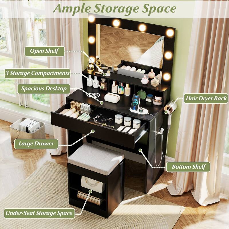 Gymax Vanity Desk Set w/ Mirror & Lights 31.5'' Small Makeup Table for