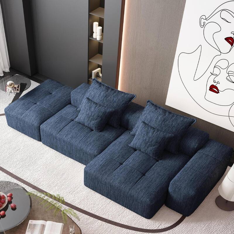Oversized Modular Chenille Sectional Sofa with Ottoman, Chaise Lounge, 1 Armrest and 4 Pillows for Living Room