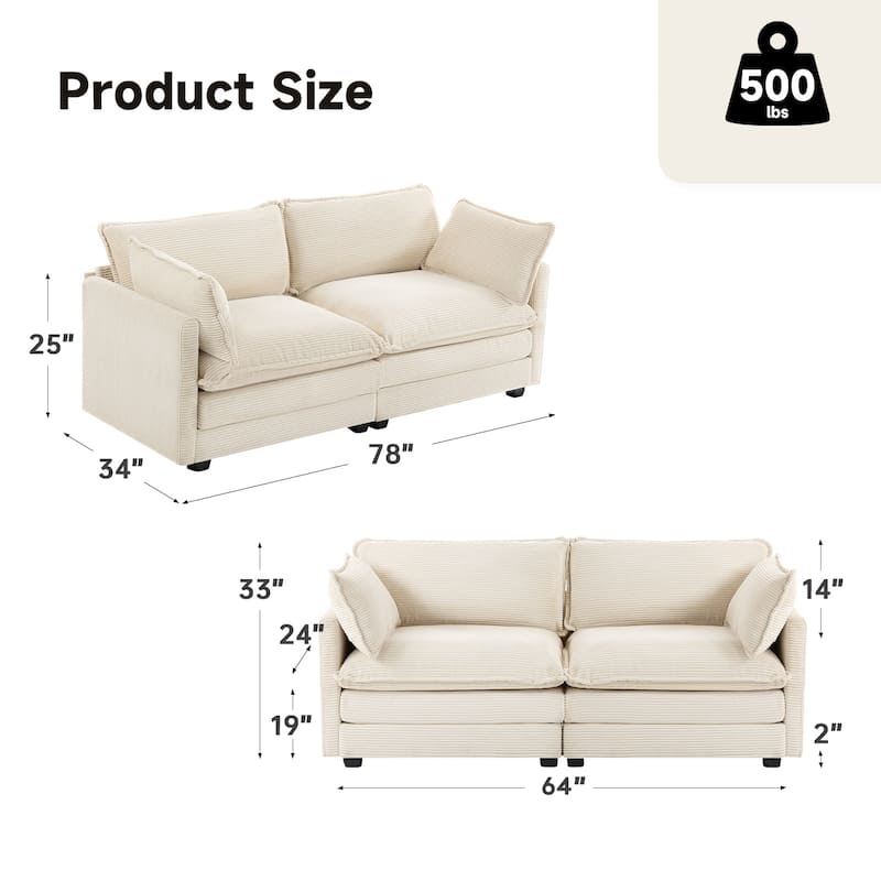 Corduroy Sectional Sofa with Removable Ottomans & Ultra-soft Cushions for Living Room & Bedroom