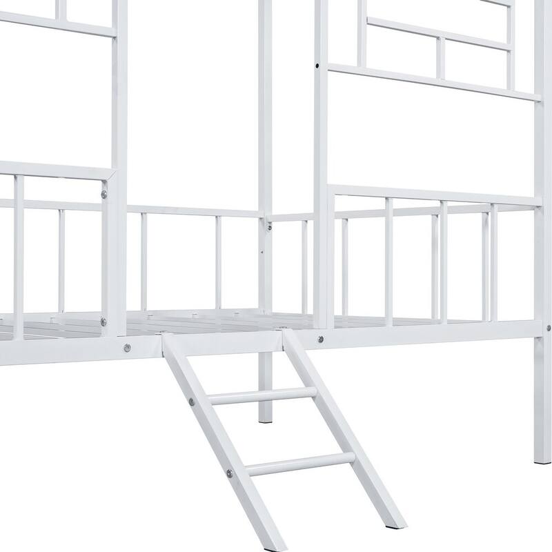 Twin Loft Bed with Angled Ladder and House Design, Silver Metal Frame, Contemporary Style