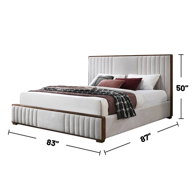 Chenille Upholstered Eastern King Bed in Beige and Walnut