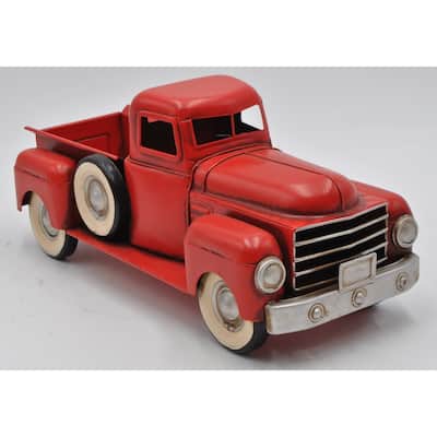 Handmade Vintage Metal Red Truck Model With Spare Tire For Home Decoration