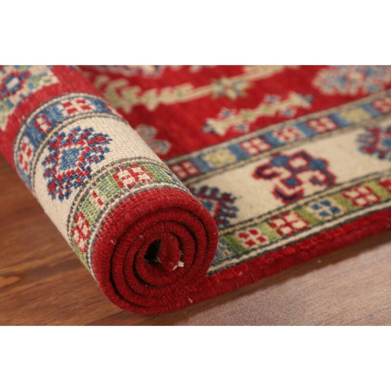 Geometric Red Kazak Foyer Rug Hand-Knotted Traditional Wool Carpet - 2'8" x 4'1"