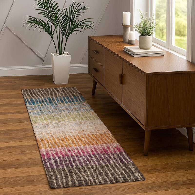 Machine Washable Indoor/ Outdoor Contemporary Stripes Chantille Rug