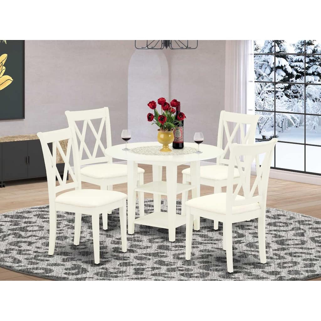 HomeStock 5-Pc Linen White Finish Solid Wood Top-Round Dining Room Set with Dropleaf-Seats 4