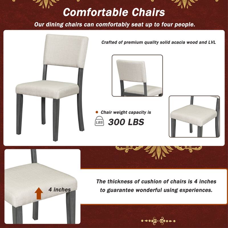 5-Piece Retro Round Dining Table Set with Curved Trestle Style Table Legs and 4 Upholstered Chairs