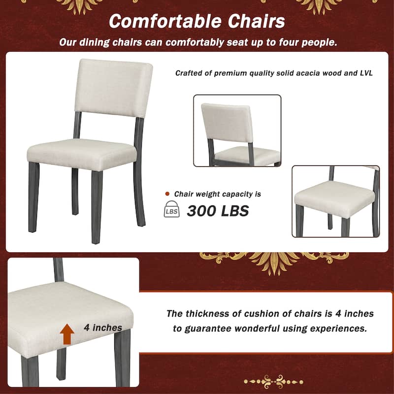 Dark Gray Round Dining Table with Curved Trestle Legs, 5-Piece Dining Table and Chairs Set, Four Upholstered Chairs