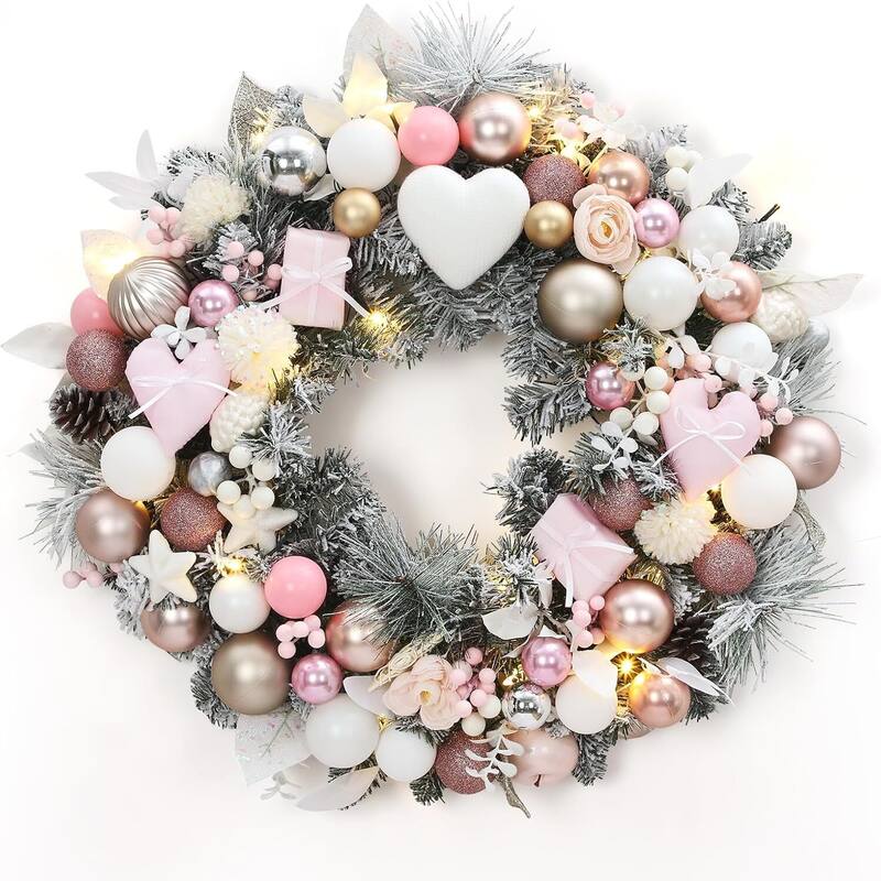 24 Inch Christmas Wreath with Lights, Pink Holiday Wreath for Front Door Decorations - Pink