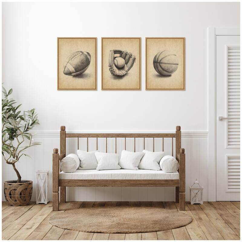 Kate and Laurel Walnut Antique Football 3 Piece Framed Canvas Wall Art Set by The Creative Bunch Studio
