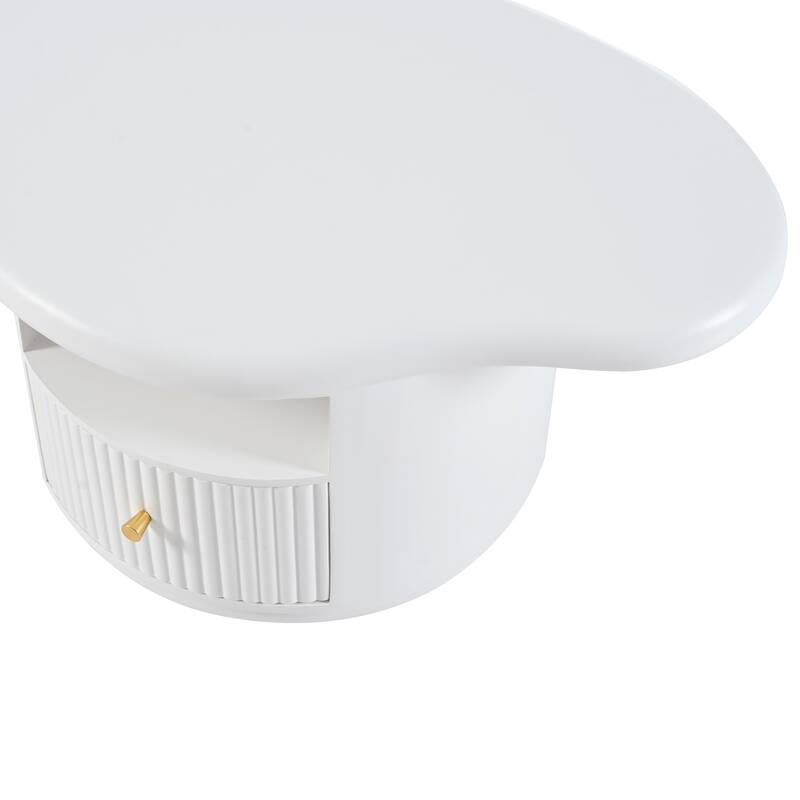 Roomfitters Cloud Coffee Table with Drawer and Open Shelf, Irregular Shape Accent Table for Stylish Living Room, White