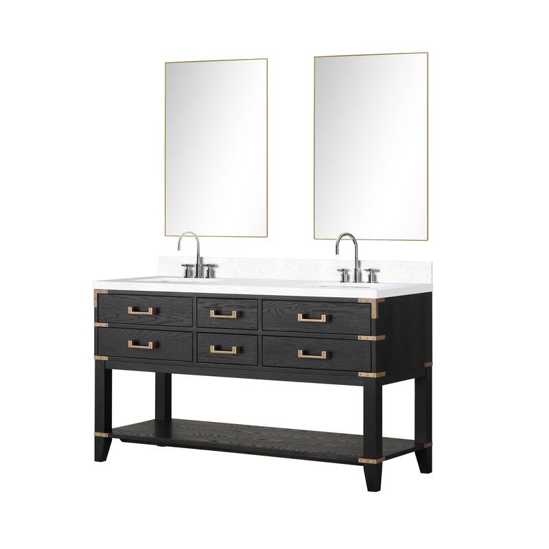 Norwalk 60 in W x 22 in D Black Oak Double Bath Vanity, Cultured Marble Top, Faucet Set, and 28 in Mirrors