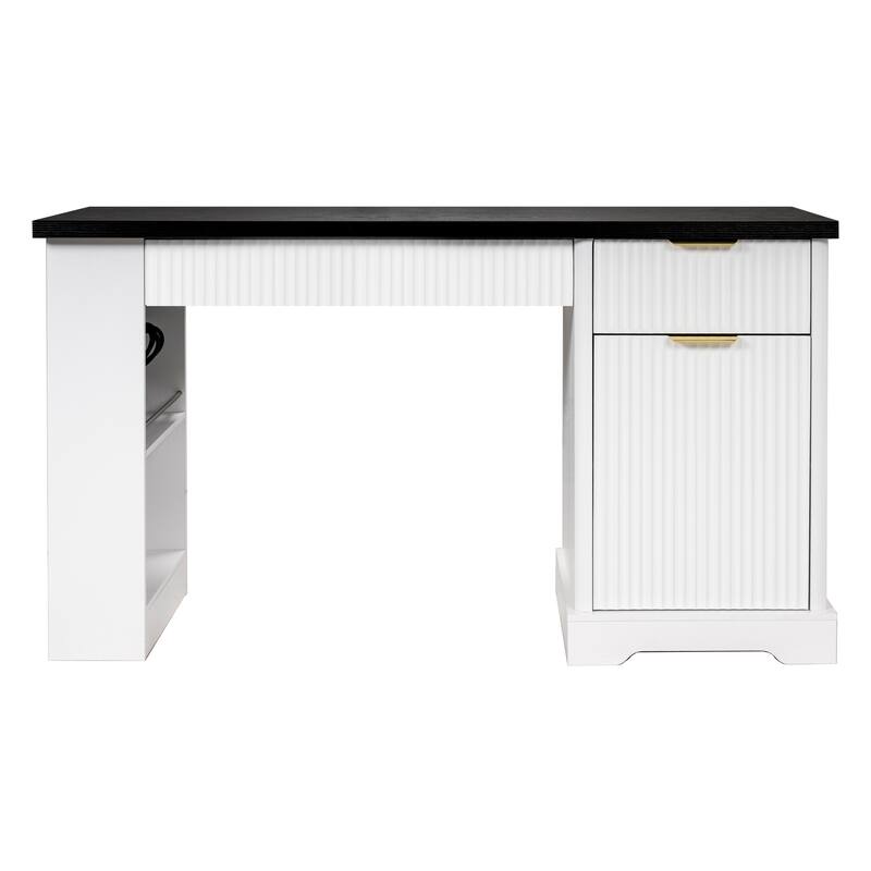 55" Modern Office Desk with Storage, Power Outlet, Pegboard & Keyboard Tray