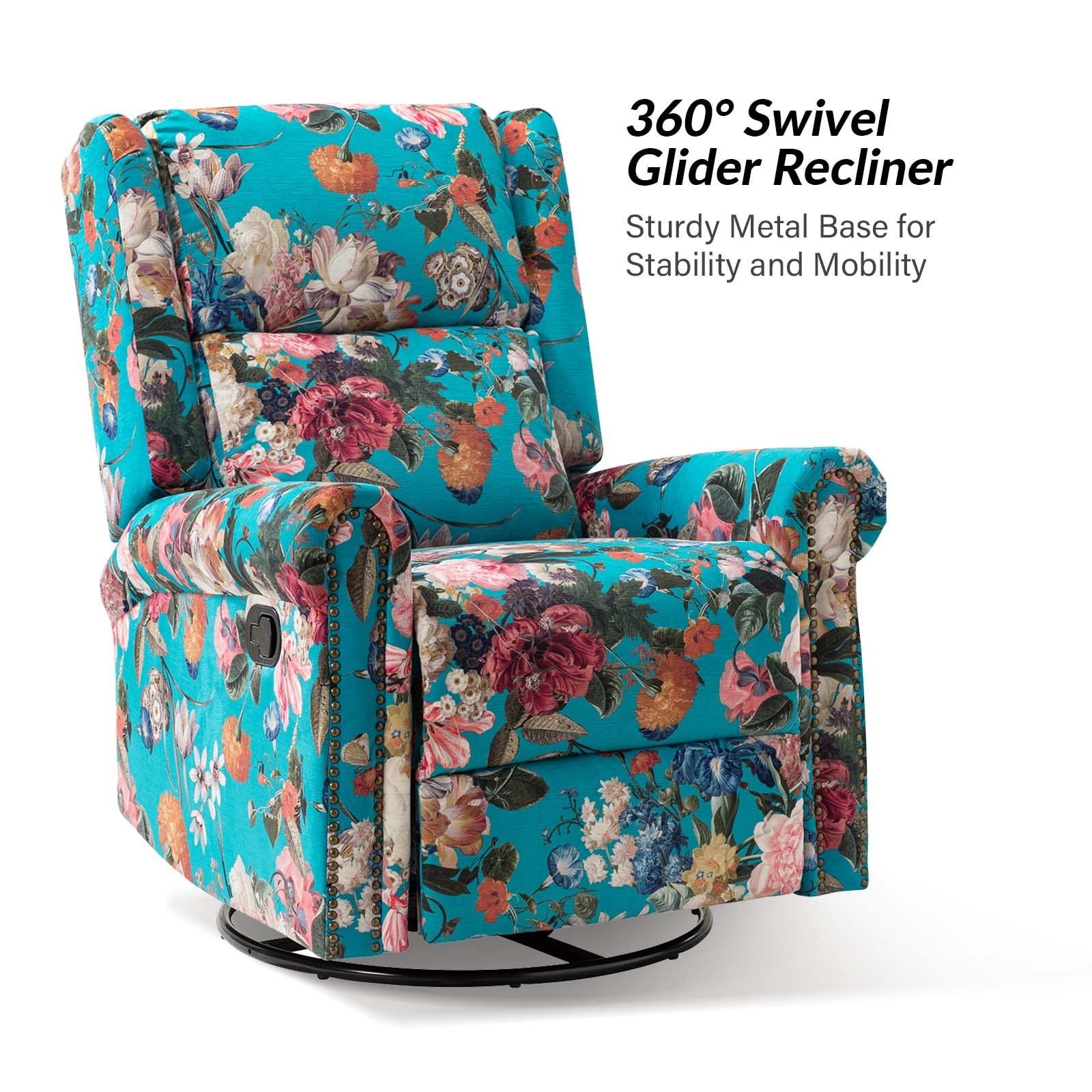 Leopold Transitional Floral Print Manual Swivel Rocking Recliner with Nailhead Trims by HULALA HOME