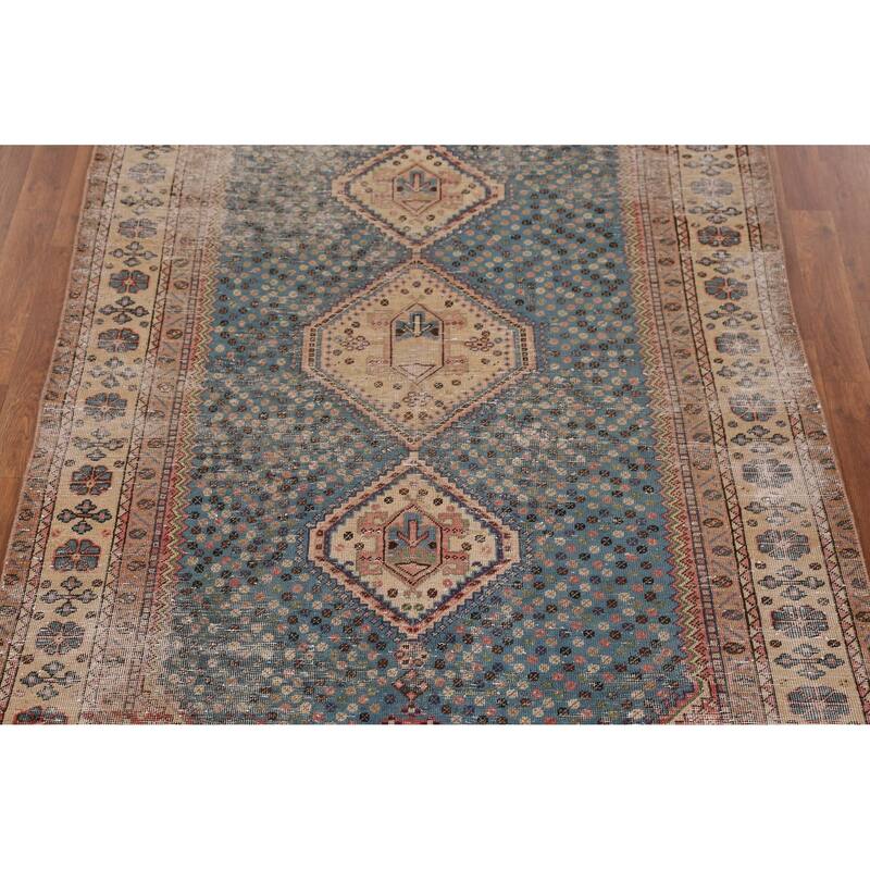 Hand Knotted Oriental 100% Wool Carpet Traditional Geometric Navy Blue & Blues Qashqai Area Rug - 6' 9'' X 4' 5''
