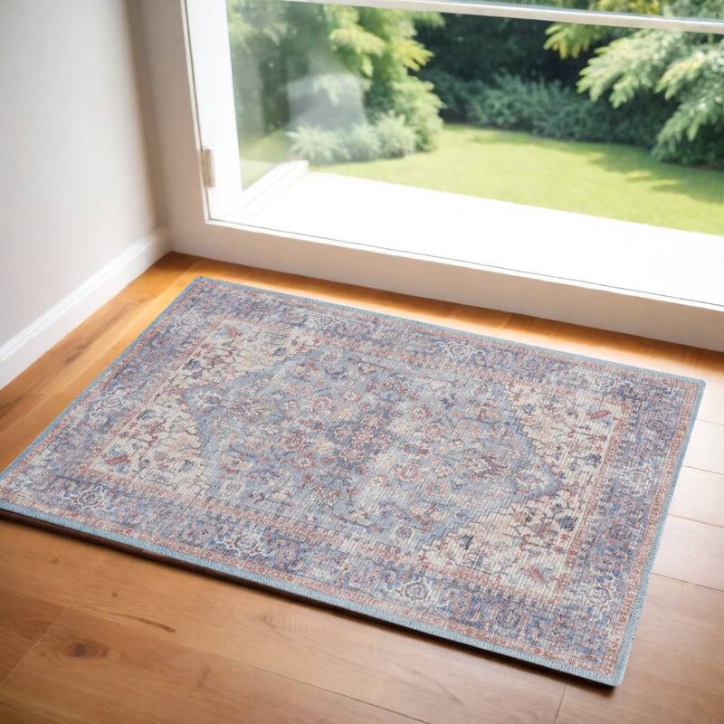 Cihu Power Loomed Distressed Floral Traditional Soft Area Rug By HomeRoots - 60' X '36' X '0.28 - 60' X '36' X '0.28 - Oxford Blue - Rectangle